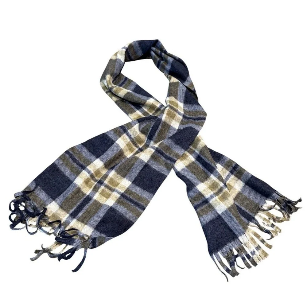 Old Navy Mens Plaid Flannel Scarf One Size Blue White Plaid Fringe 10x52